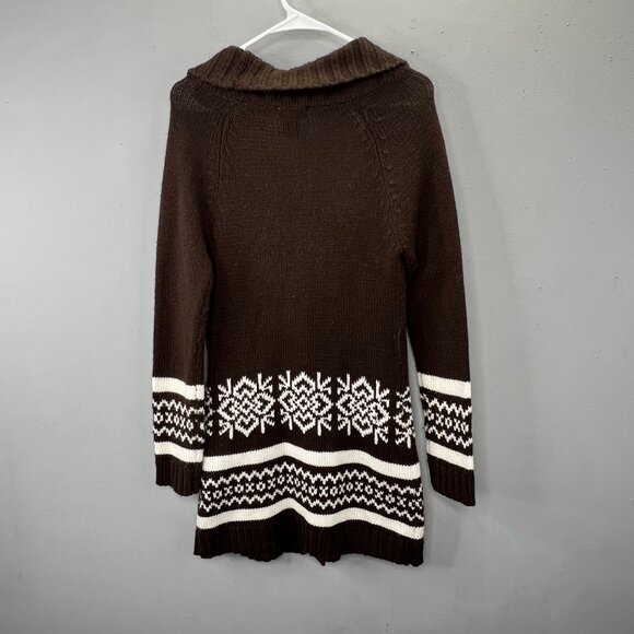 Vintage Y2K Wet Seal Cardigan Duster Sweater M Brown Long Nordic Fair Isle - Picture 3 of 5